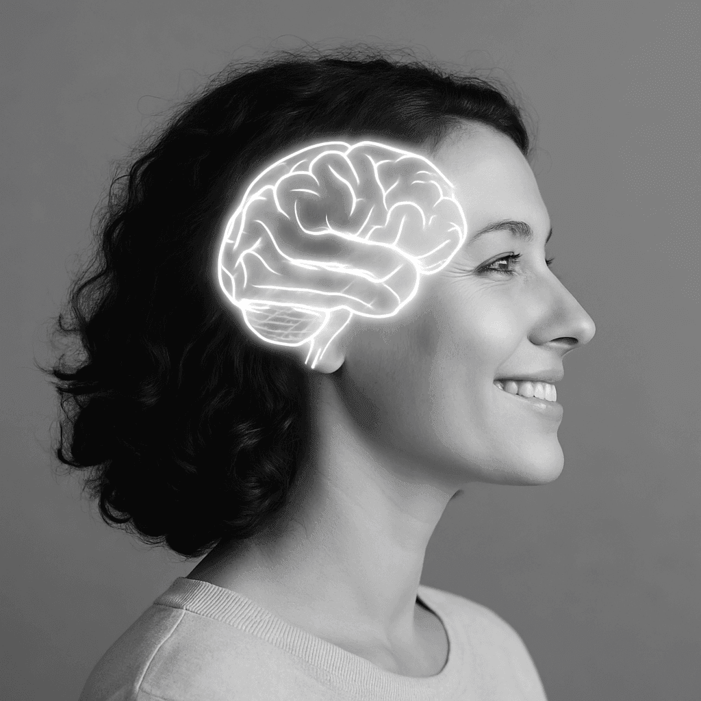 Profile of a smiling woman with a glowing illustration of a brain superimposed on her head.