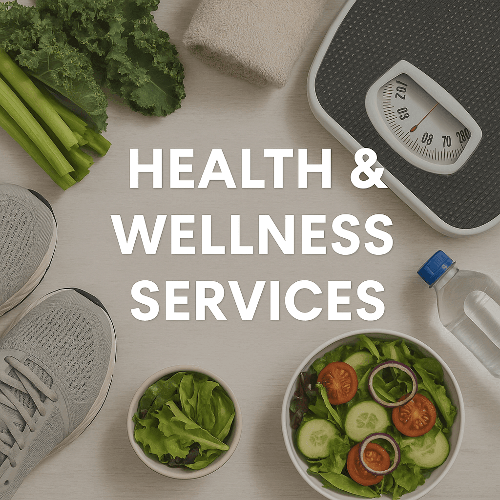 Health & Wellness Services text with vegetables, sneakers, water bottle, and scale on light background.